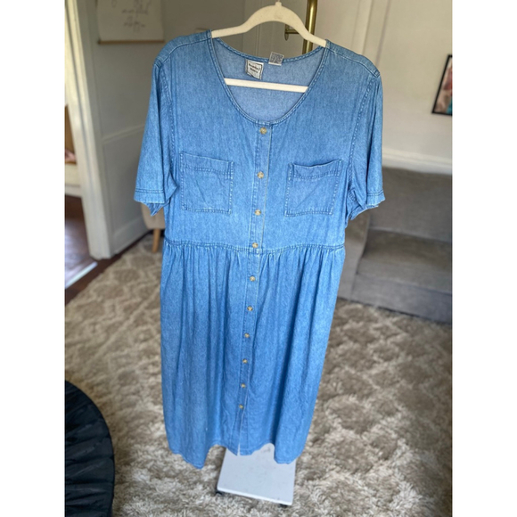 Vintage Boundary Waters Denim Dress Midi Button Front Pockets L Cottagecore 90s - Picture 6 of 11